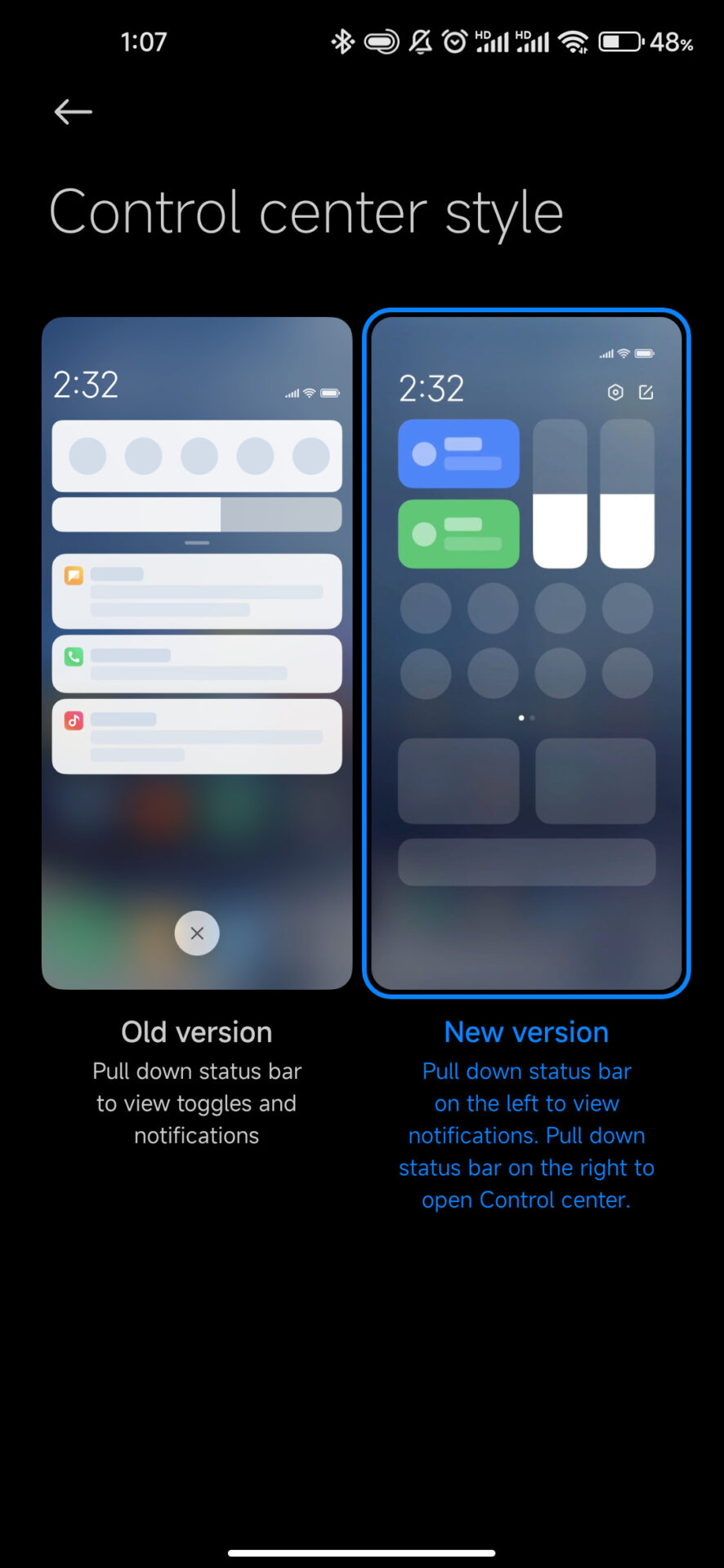 New Control Center Settings