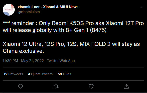 12T Pro post on Xiaomiui Twitter account