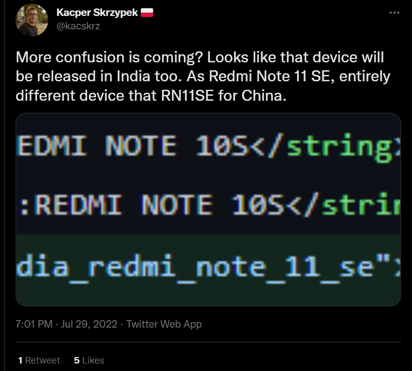Kacper Skrzypek's Redmi Note 11 SE post on Twitter
