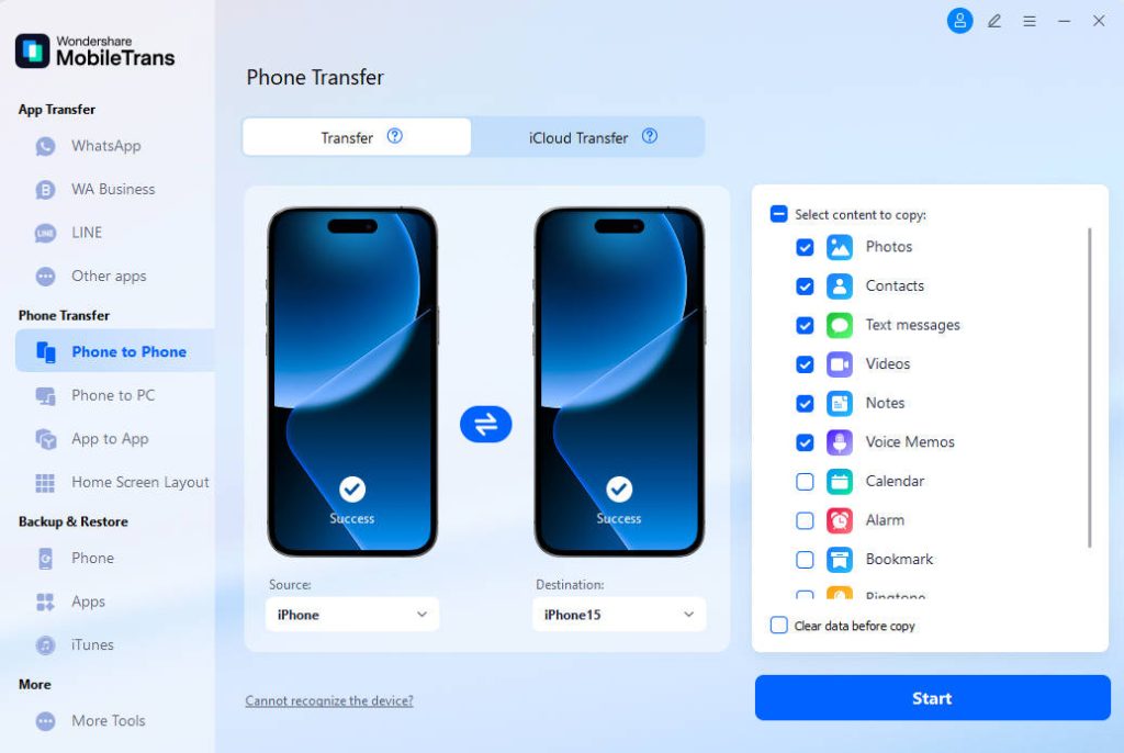 selecting phone transfer