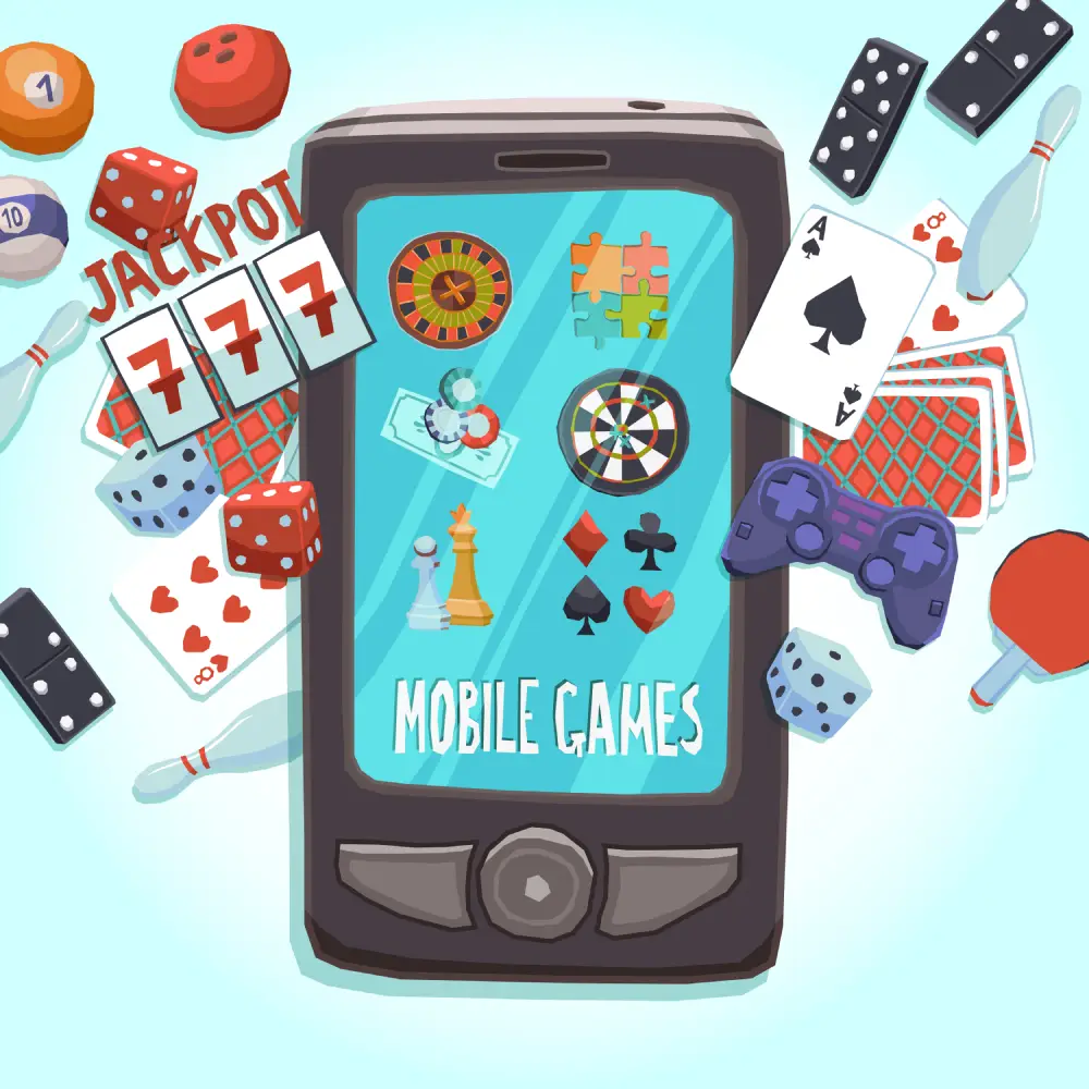 Illustration of a smartphone with icons of mobile games surrounded by cards, dice, roulette, dominoes, and gaming controller representing online and casino-style games